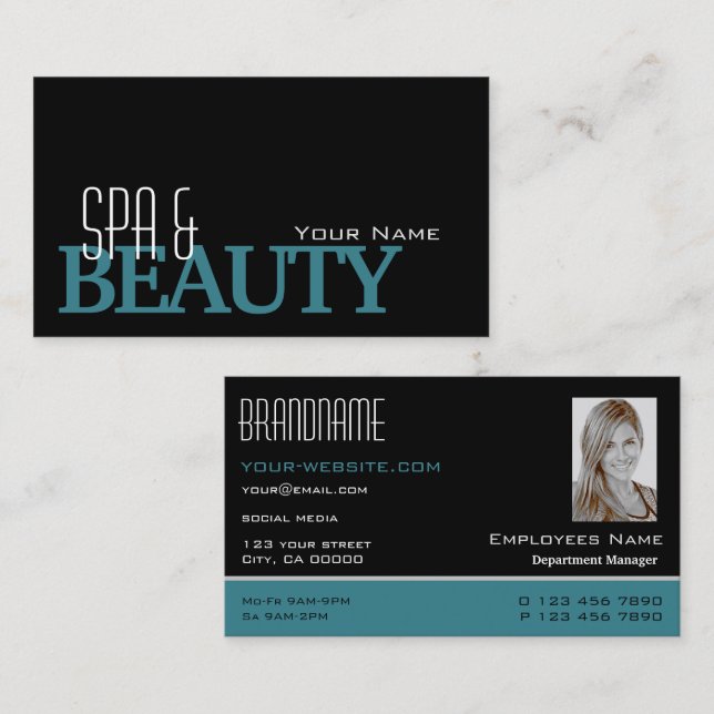 Classic Black Teal White with Photo Professional Business Card (Front/Back)