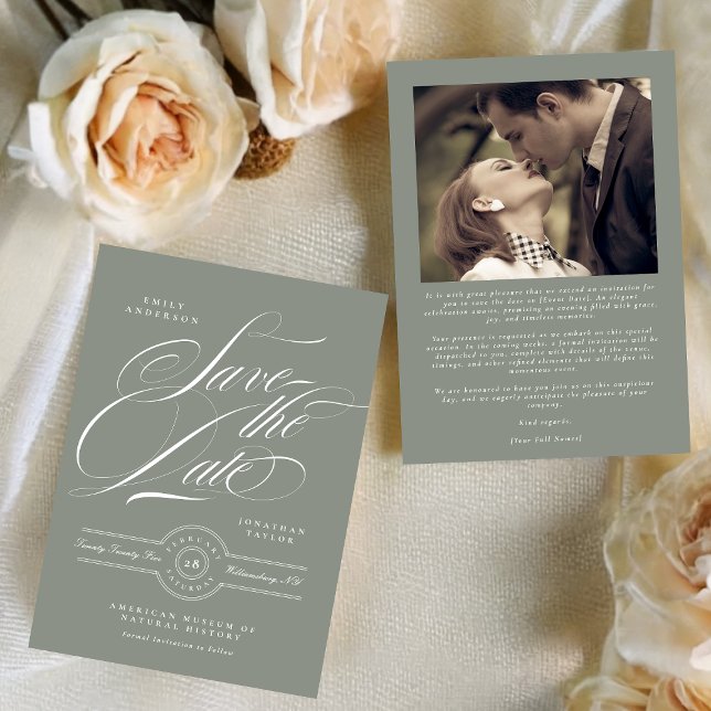 Classic Black Tie Grey Green Calligraphy Photo Save The Date (Creator Uploaded)