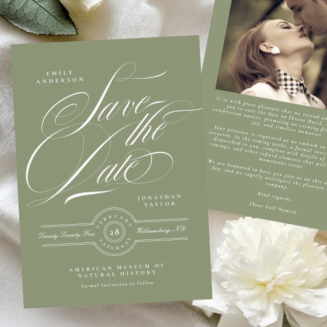 Classic Black Tie Sage Green Calligraphy Photo Save The Date (Creator Uploaded)