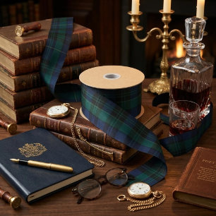 Classic Black Watch Tartan Dark Green Navy Blue Satin Ribbon