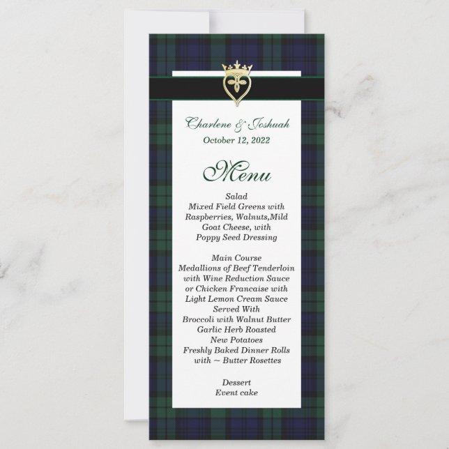 Classic Black Watch Tartan Wedding Menu Invitation (Front)