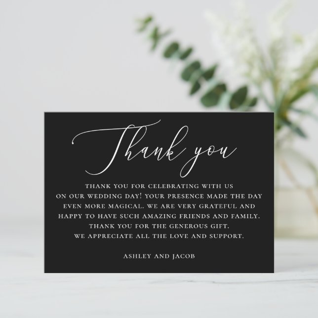 Classic Black Wedding | Formal Delicate Typography Thank You Card (Standing Front)