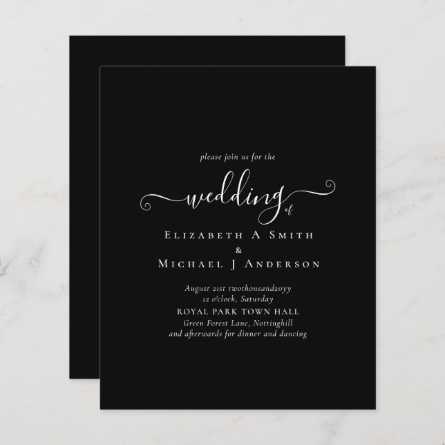 Classic Black White Budget Wedding Invitation (Front/Back)