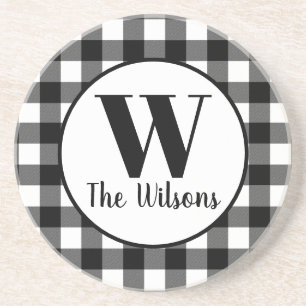 Classic Black White Buffalo Plaid Monogram Coaster