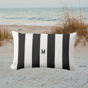 Classic Black & White Cabana Stripe Monogram Lumbar Cushion