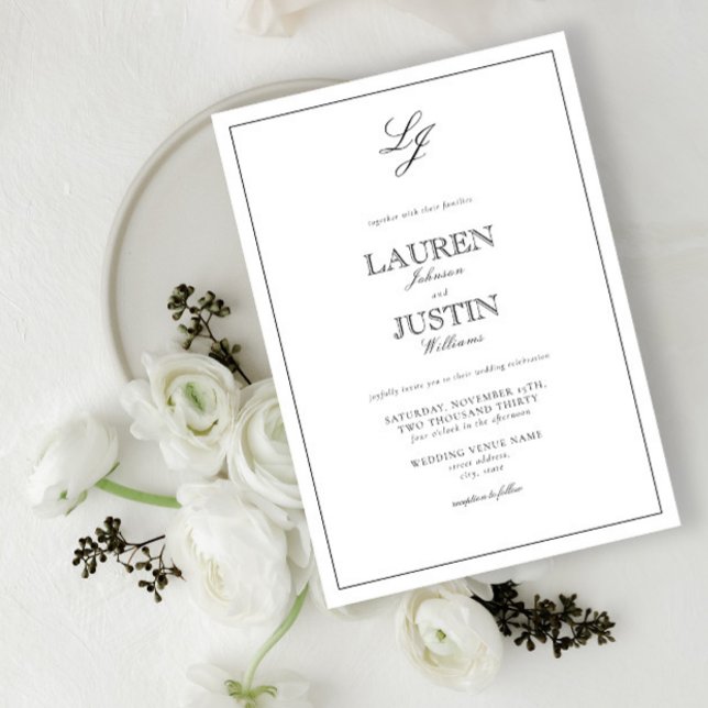 Classic Black & White Calligraphy Monogram Wedding Invitation (Creator Uploaded)