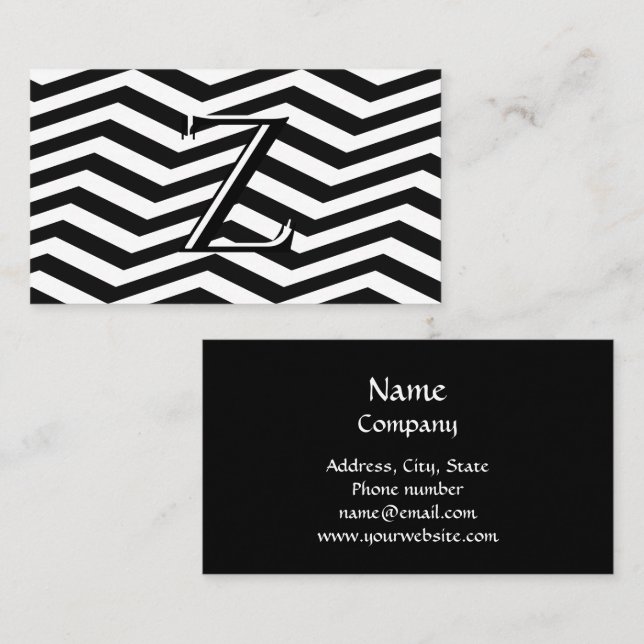 Classic Black White Chevron Stripe Monogram Business Card (Front/Back)