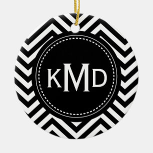 Classic Black White Chevron Trio Monogram Ceramic Tree Decoration