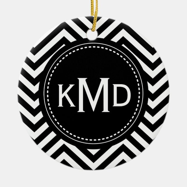 Classic Black White Chevron Trio Monogram Ceramic Tree Decoration (Front)