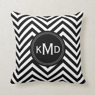 Classic Black White Chevron Trio Monogram Cushion