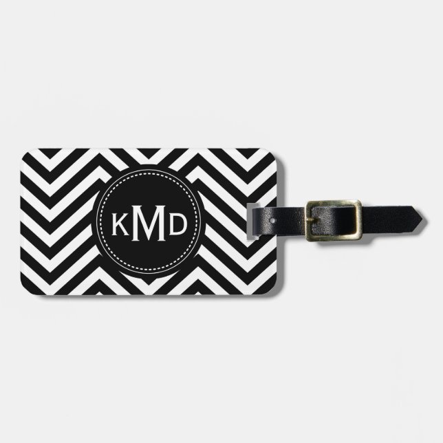 Classic Black White Chevron Trio Monogram Luggage Tag (Front Horizontal)
