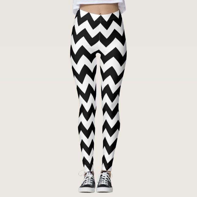 Classic Black White Chevron Zigzag Pattern Leggings (Front)