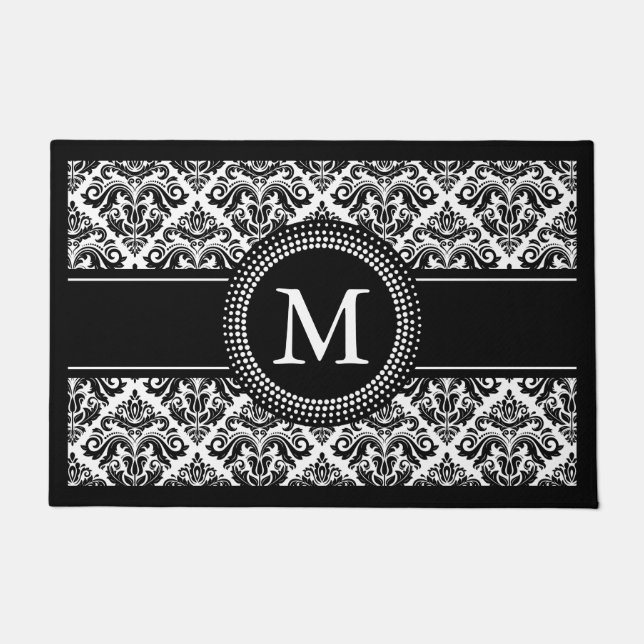 Classic Black White Damask Floral Pattern Monogram Doormat (Front)