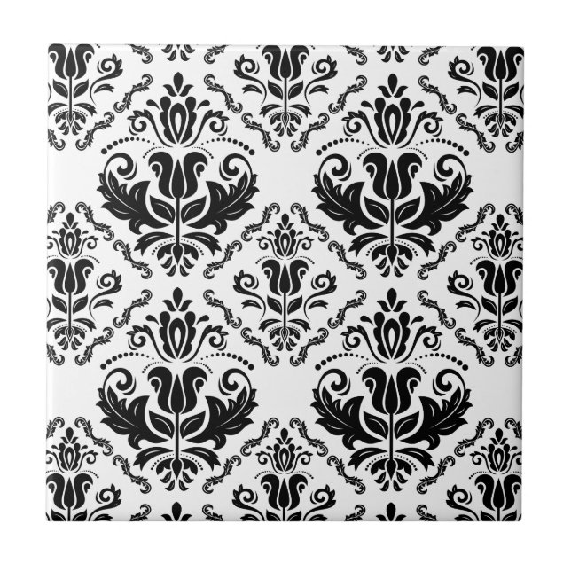 Classic Black White Damask Pattern - Stylish Chic Tile (Front)