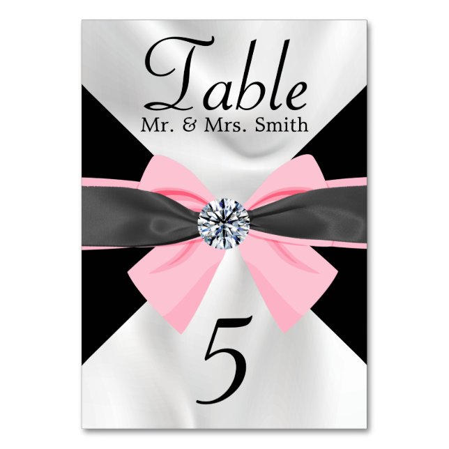 Classic Black & White Drapery with Pink Bow Table Number (Front)