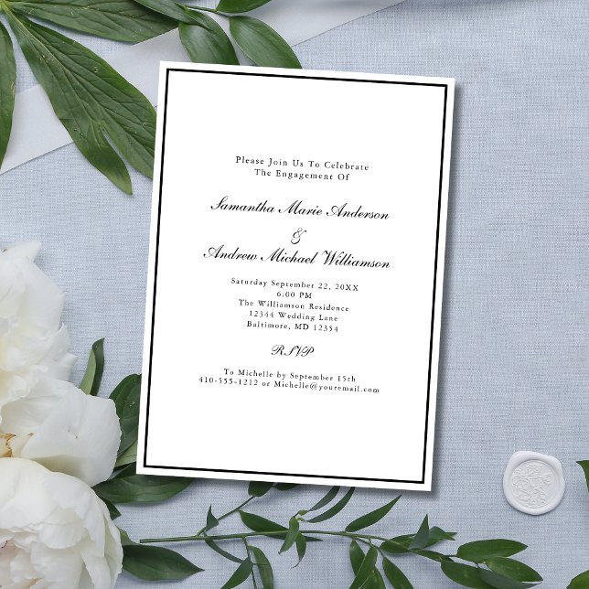 Classic Black White Elegant Wedding Engagement Invitation (Black White Traditional Classic Elegant Wedding Engagement Party Invitation)