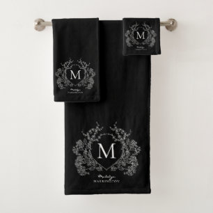 Classic Black White Floral Crest Initial Monogram Bath Towel Set