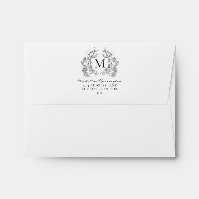 Classic Black White Floral Crest Monogram Address Envelope (Back (Top Flap))