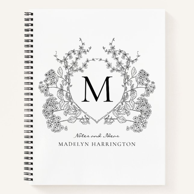 Classic Black White Floral Crest Monogram Journal (Front)