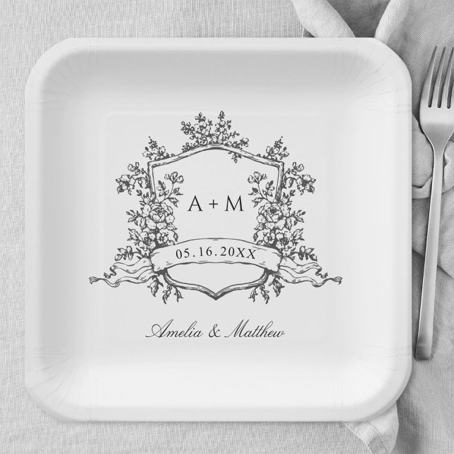 Classic Black & White Floral Crest Wedding Paper Plate (Creator Uploaded)