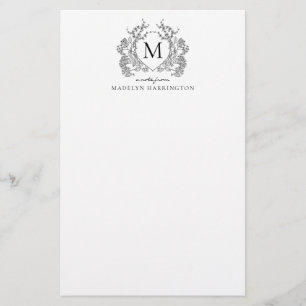 Classic Black White Floral Vintage Crest Monogram Stationery