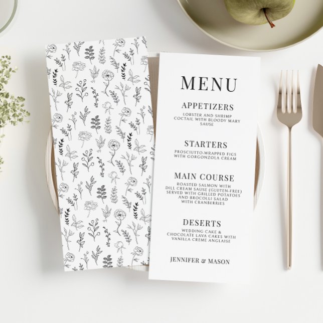 Classic black white floral wedding menu cards (Creator Uploaded)