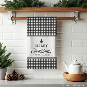 Classic Black White Gingham Christmas Family Tea Towel