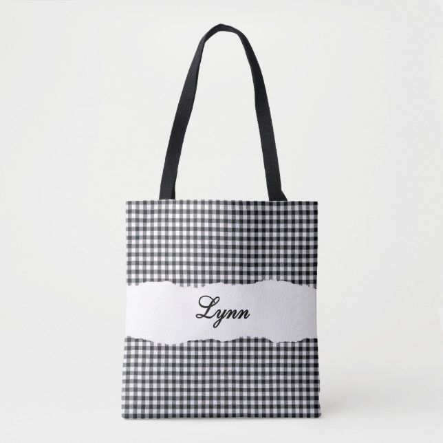 Classic Black & White Gingham | Personalized Name Tote Bag (Front)