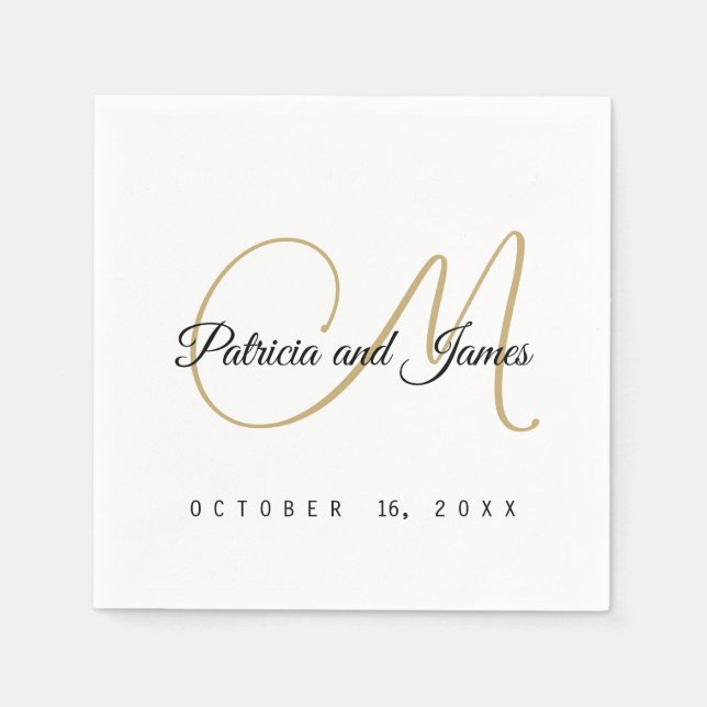 Classic Black White Gold Monogram Elegant Wedding Napkin (Front)