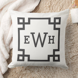 Classic Black White Greek Key Monogram Initial Cushion