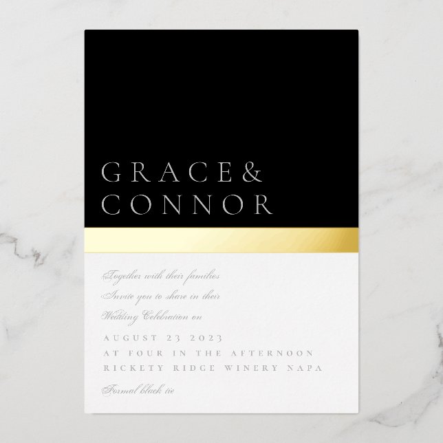 Classic Black White Grey Gold Foil Stripe Wedding (Front)