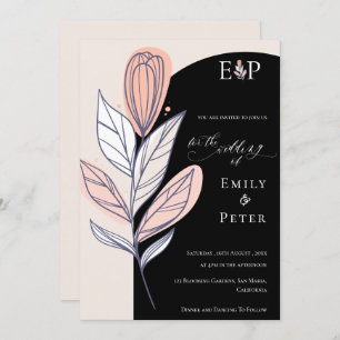 Classic Black White  Hand Drawn Floral Wedding Invitation