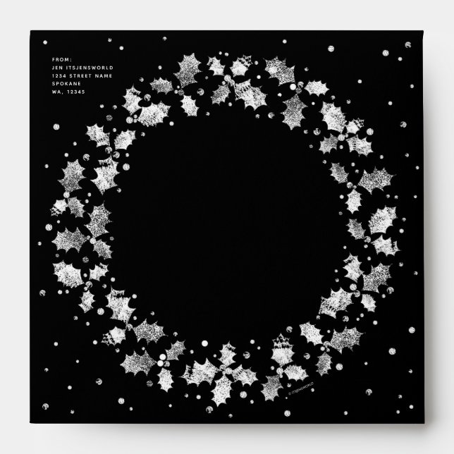 Classic Black + White Holly Wreath Return Address Envelope (Front)