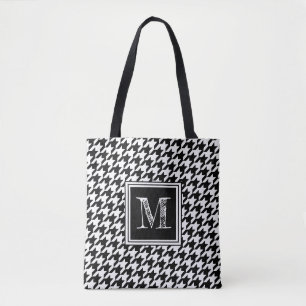 Classic Black White Houndstooth Modern Monogram Tote Bag