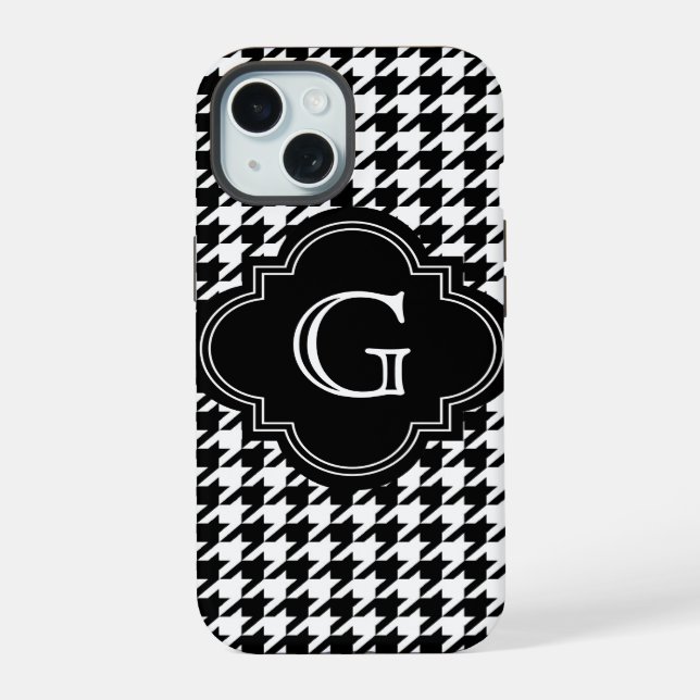 Classic Black White Houndstooth With Monogram iPhone 15 Case (Back)