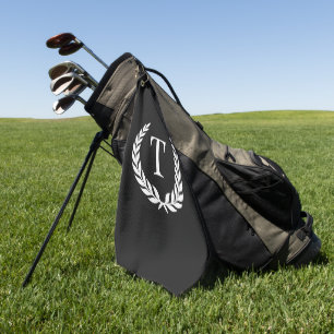 Classic Black & White Initial Laurel Monogram Golf Towel