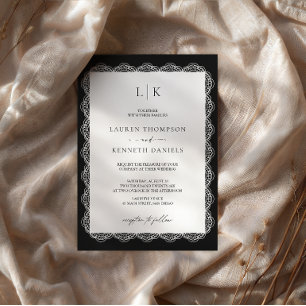 Classic Black White Lace Frame Wedding Monogram Invitation