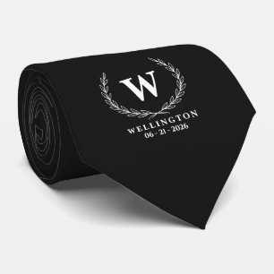 Classic Black White Laurel Monogram Wedding Date Tie