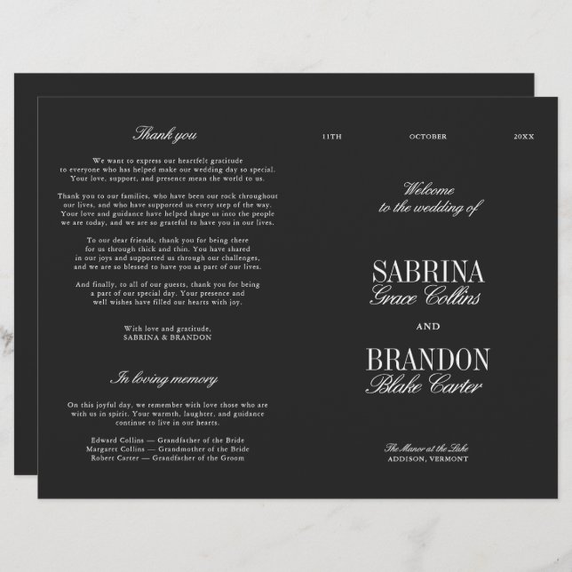 Classic Black & White Modern Wedding Program (Front/Back)