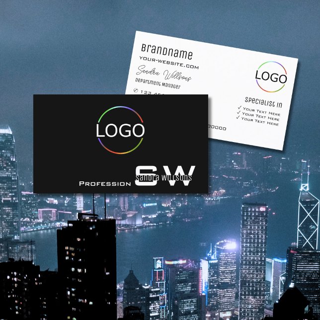 Classic Black White Modern with Monogram and Logo Business Card (Creator Uploaded)