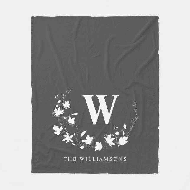 Classic Black White Monogram Name Floral Wreath Fleece Blanket (Front)