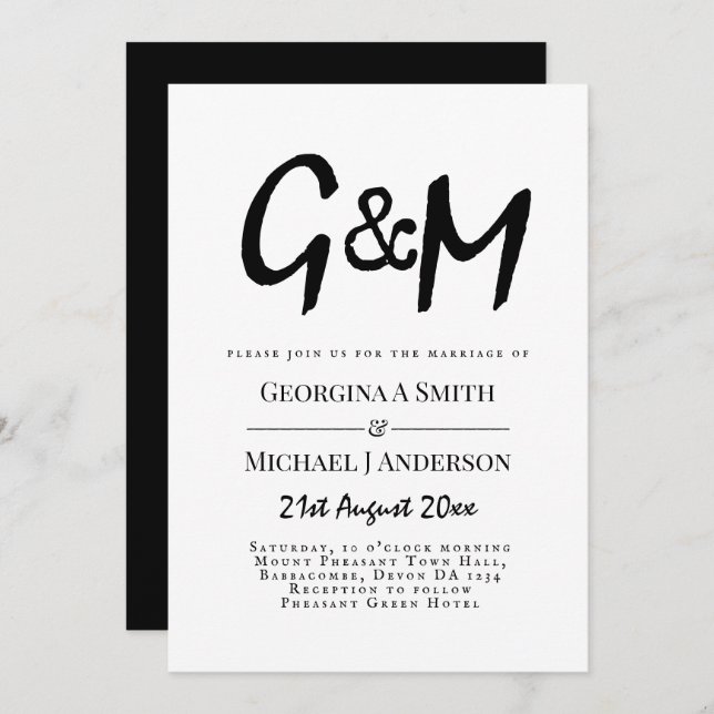 Classic Black White Monogram Typography Wedding Invitation (Front/Back)