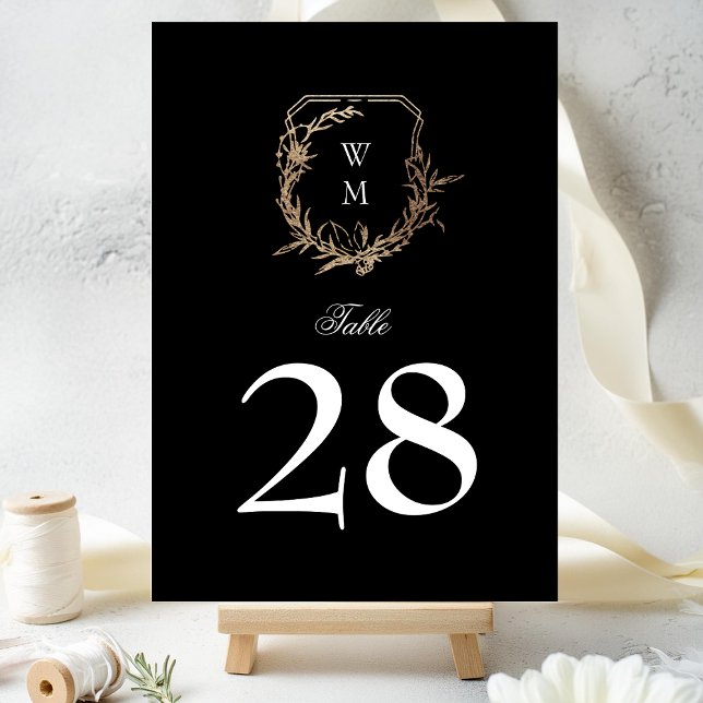 classic black white monogram wedding gold crest table number (Creator Uploaded)