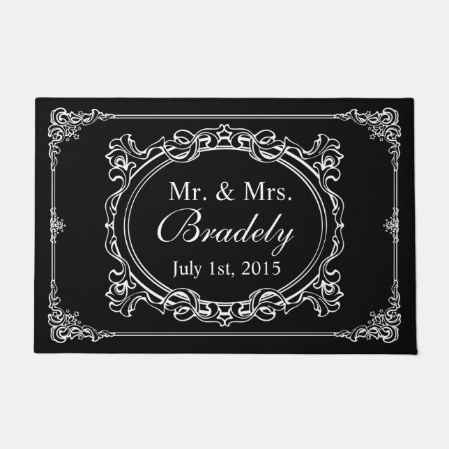 Classic Black White Mr Mrs Wedding Art Deco Frame Doormat (Front)