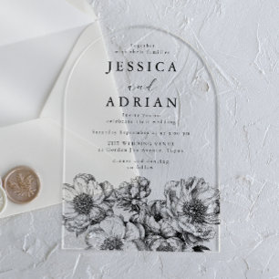Classic Black & White Peony Line Art Wedding Acrylic Invitations