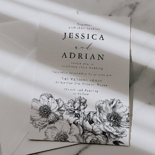 Classic Black & White Peony Line Art Wedding Invitation