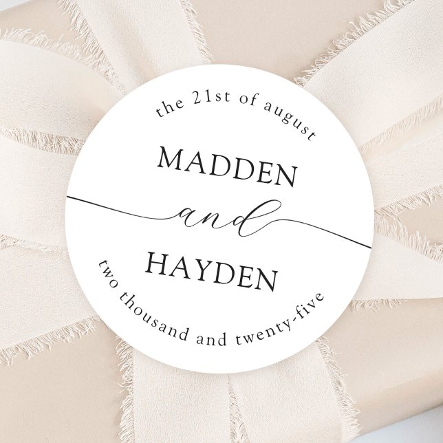 Classic Black White Personalised Names Wedding Round Sticker (Creator Uploaded)