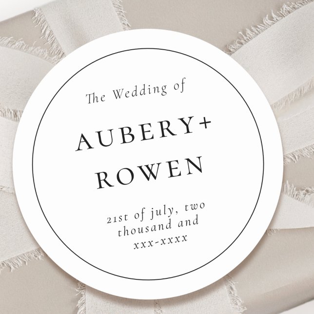 Classic Black White Personalised Names Wedding Round Sticker (Creator Uploaded)