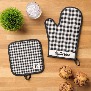 Classic Black & White Plaid kitchen Farmhouse Oven Mitt & Pot Holder Set