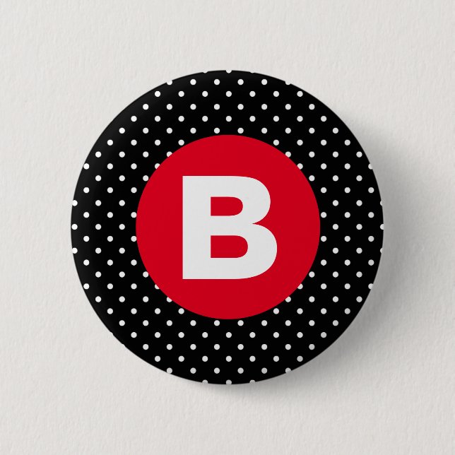 Classic Black & White Polka Dot with Red Monogram 6 Cm Round Badge (Front)